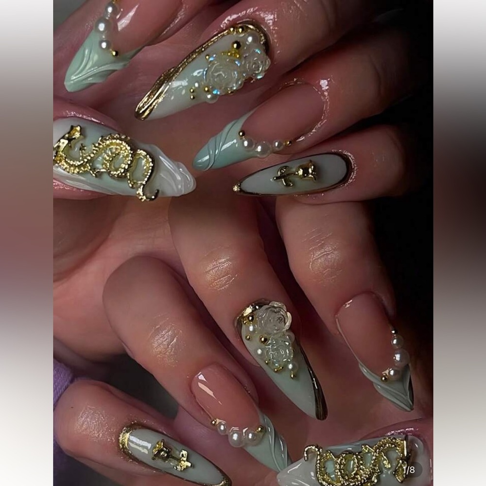 Elegant Gold and Green Nail Art